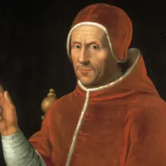 Porträt von Hadrian VI. in rotem Gewand, die Hand zum Segen erhoben.