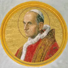 Porträt von Papst Paul VI. in prächtiger Robe, mit Heiligenschein, gerahmt in Gold.