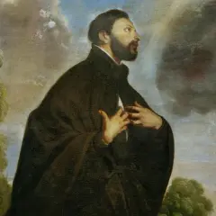 St. Franz Xaver, in dunklem Gewand, blickt hoffnungsvoll zum Himmel. Blumen und Wolken umgeben ihn.