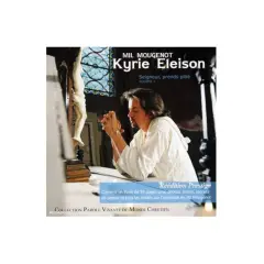 Mann betet vor Kruzifix. "Kyrie Eleison Bedeutung" – Herr, erbarme dich. Buch über Mil Mougenot.