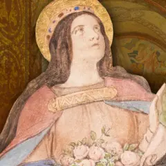 Heilige Elisabeth, Schutzpatronin, mit Rosen in den Händen, vor einer prachtvollen Mosaikwand.