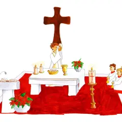 Ein Priester hält die Hostie vor einem großen Kreuz in Farbe Kardinal. Kinder knien auf dem roten Teppich.