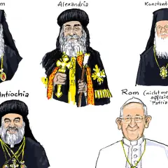 Fünf Männer mit Bärten und religiöser Kleidung, darunter ein biblischer Patriarch aus Jerusalem, Alexandria, Konstantinopel und Antiochia.
