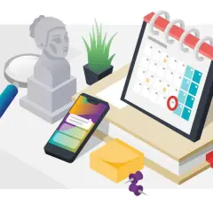 Büste, Lupe, Handy, Kalender mit markiertem Datum und Notizzettel – alles bereit für den Namenstag von Lena.