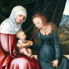 Heilige Anna mit Maria und dem Jesuskind. Maria reicht dem Kind eine Kirsche, während Anna liebevoll zusieht.