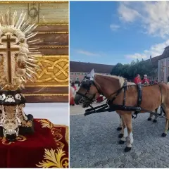 Ein prunkvolles Reliquiar mit einem Kreuz, das an die Splitter vom Kreuz Jesu erinnert, steht auf einem roten Samttuch. Daneben eine Pferdekutsche mit einem Mann im Anzug.