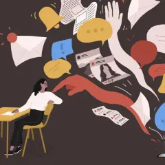 Eine Frau am Schreibtisch, umgeben von einem Sturm aus Benachrichtigungen, E-Mails und Social-Media-Posts. Die **Dogmen Bedeutung** wird hier durch die Überflutung mit Informationen und die daraus resultierende Überforderung dargestellt.