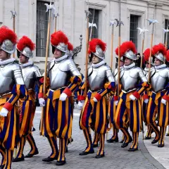 Eine Reihe von Schweizer Gardisten im Vatikan marschiert in ihren bunten Uniformen und mit Hellebarden.