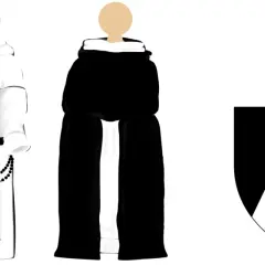 Zwei Mönchsgewänder, ein weißer und ein schwarzer, sowie ein Wappen. Das weiße Gewand hat eine Perlenkette. Diese habit kleidung ist historisch.