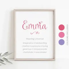 Gerahmtes Bild mit dem Namen "Emma" und positiven Eigenschaften. Perfekt für den Emma Namenstag!