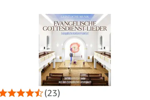 Innenansicht einer evangelischen Kirche in Frankfurt. Das Cover zeigt "Evangelische Gottesdienst-Lieder".