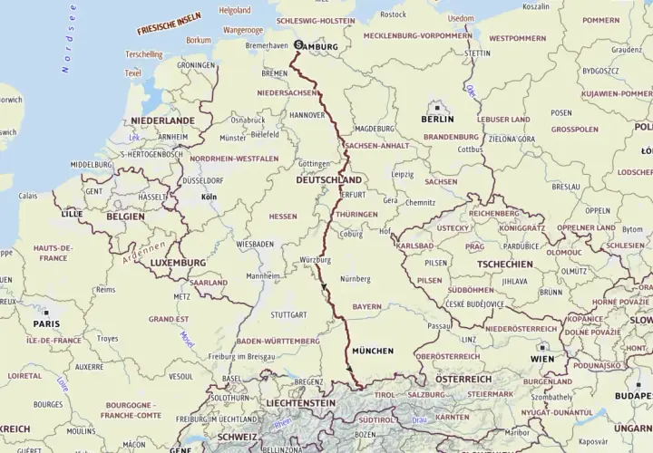Karte zeigt die Route der Via Romea Germanica von Norddeutschland über Deutschland und Österreich bis nach Italien.
