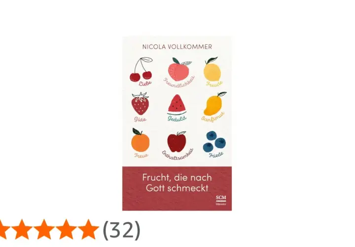 Bilder von Früchten mit Tugenden wie Liebe, Geduld und Freude. Ein Buchcover mit dem Titel "Frucht, die nach Gott schmeckt". Danke Gott für diese Gaben.