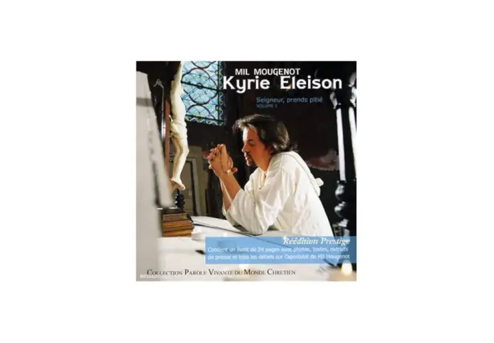 Mann betet vor Kruzifix. "Kyrie Eleison Bedeutung" – Herr, erbarme dich. Buch über Mil Mougenot.