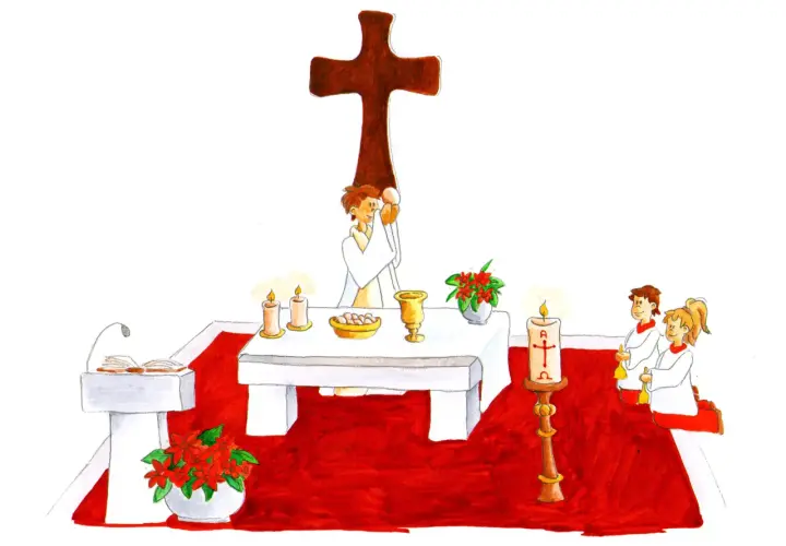 Ein Priester hält die Hostie vor einem großen Kreuz in Farbe Kardinal. Kinder knien auf dem roten Teppich.