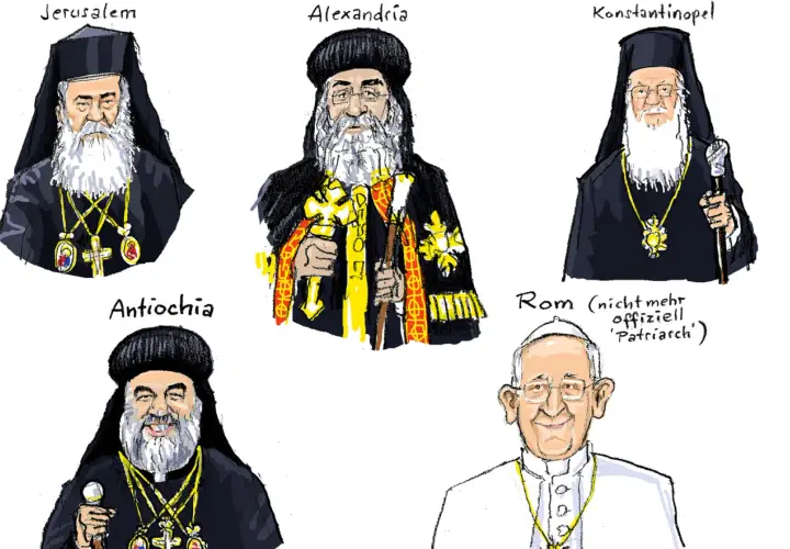 Fünf Männer mit Bärten und religiöser Kleidung, darunter ein biblischer Patriarch aus Jerusalem, Alexandria, Konstantinopel und Antiochia.
