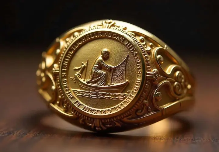 Goldener Fischerring mit Papst-Symbolik: Ein Mann fischt vom Boot aus.