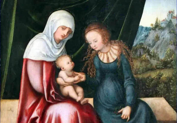 Heilige Anna mit Maria und dem Jesuskind. Maria reicht dem Kind eine Kirsche, während Anna liebevoll zusieht.