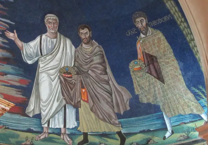 Mosaik zeigt die Heiligen Cosmas und Damian, die Kronen tragen.