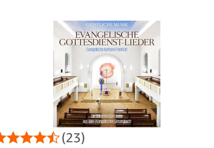 Innenansicht einer evangelischen Kirche in Frankfurt. Das Cover zeigt "Evangelische Gottesdienst-Lieder".