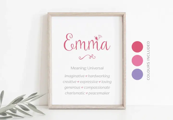 Gerahmtes Bild mit dem Namen "Emma" und positiven Eigenschaften. Perfekt für den Emma Namenstag!