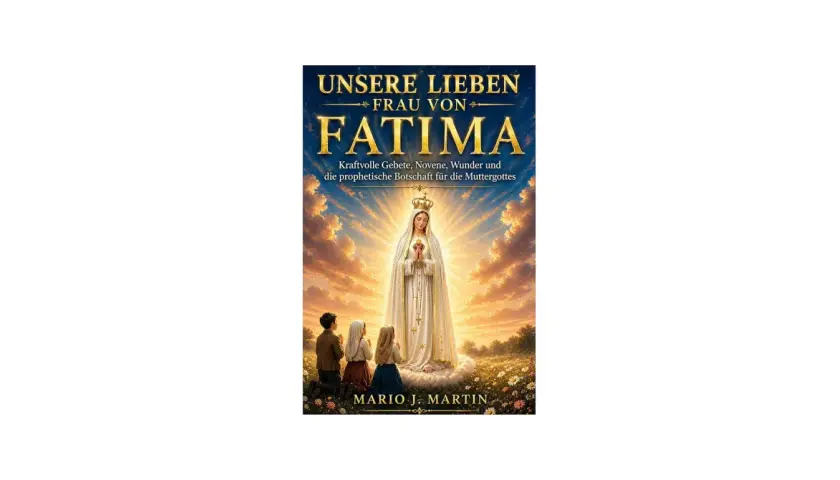 Die Fatima Erscheinung: Drei Kinder knien vor der strahlenden Muttergottes. Ein Buch von Mario J. Martin.