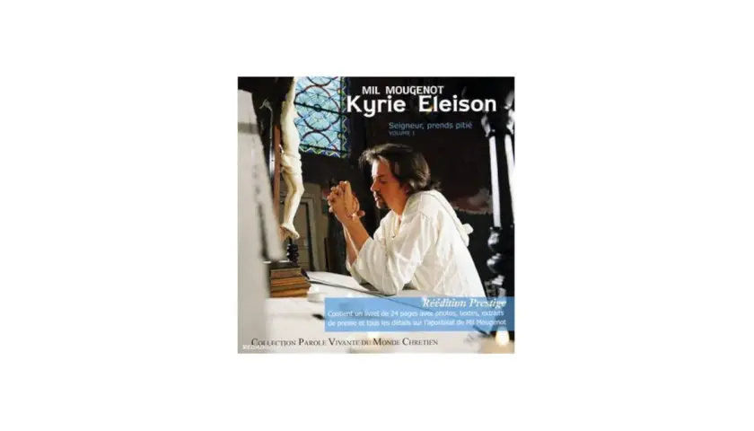 Mann betet vor Kruzifix. "Kyrie Eleison Bedeutung" – Herr, erbarme dich. Buch über Mil Mougenot.
