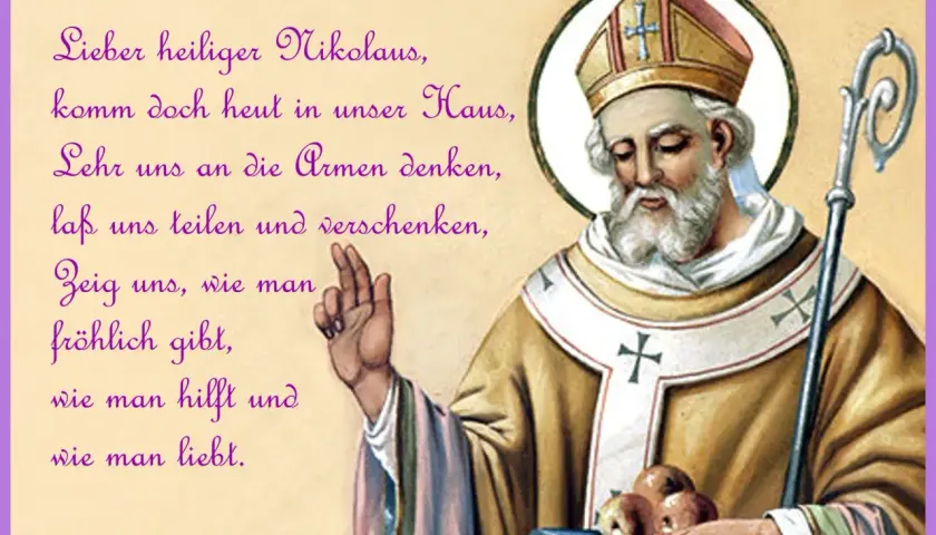 Der heilige Nikolaus von Myra, Bischof mit Mitra und Stab, lehrt uns Teilen und Liebe.