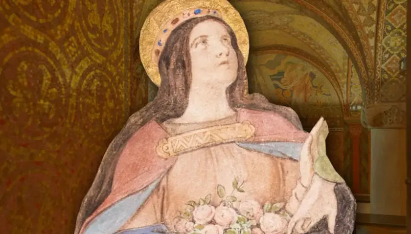 Heilige Elisabeth, Schutzpatronin, mit Rosen in den Händen, vor einer prachtvollen Mosaikwand.