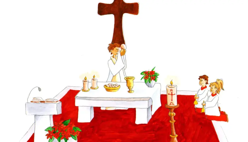 Ein Priester hält die Hostie vor einem großen Kreuz in Farbe Kardinal. Kinder knien auf dem roten Teppich.