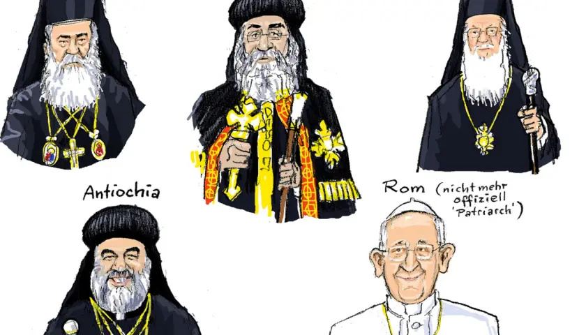 Fünf Männer mit Bärten und religiöser Kleidung, darunter ein biblischer Patriarch aus Jerusalem, Alexandria, Konstantinopel und Antiochia.