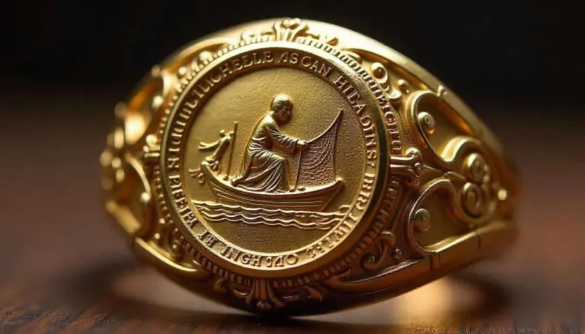 Goldener Fischerring mit Papst-Symbolik: Ein Mann fischt vom Boot aus.