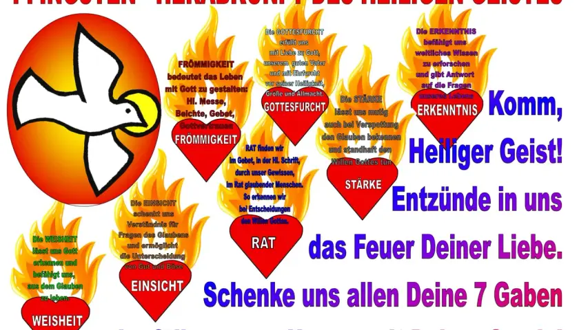Pfingsten: Die 7 Gaben des Heiligen Geistes. Gottvertrauen, Gottesfurcht, Rat, Stärke, Einsicht, Erkenntnis, Weisheit. Komm, Heiliger Geist!