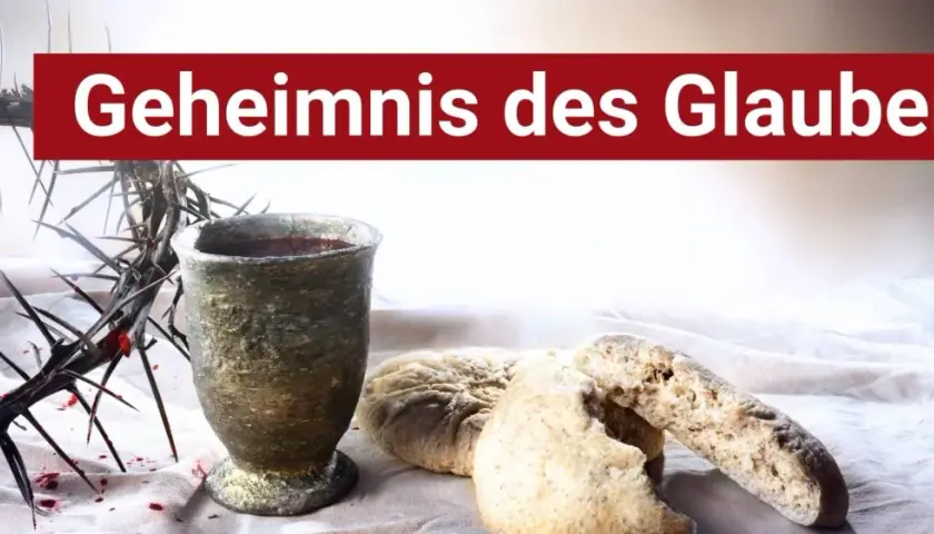 Dornenkrone, Kelch mit Wein und Brot – Symbole des Geheimnis des Glaubens.