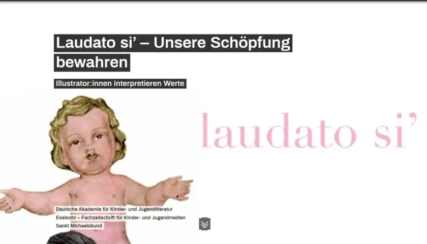 Ein Kind, das die Schöpfung symbolisiert, mit dem Titel "Laudato si' – Unsere Schöpfung bewahren".