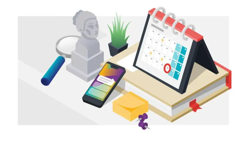 Büste, Lupe, Handy, Kalender mit markiertem Datum und Notizzettel – alles bereit für den Namenstag von Lena.