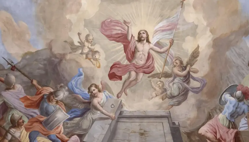 Jesus steigt triumphierend aus dem Grab empor, umgeben von Engeln und erstaunten Soldaten. Dieses Bild zeigt, wann Jesus auferstanden ist.