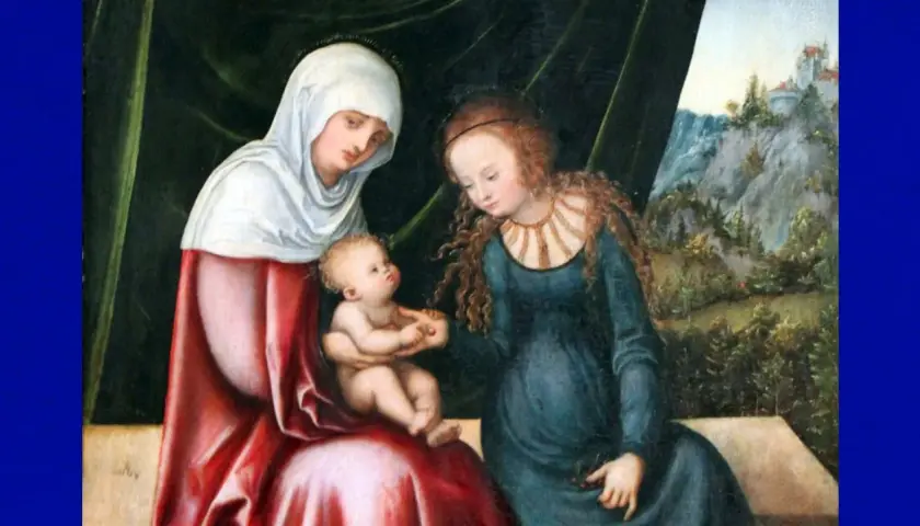 Heilige Anna mit Maria und dem Jesuskind. Maria reicht dem Kind eine Kirsche, während Anna liebevoll zusieht.