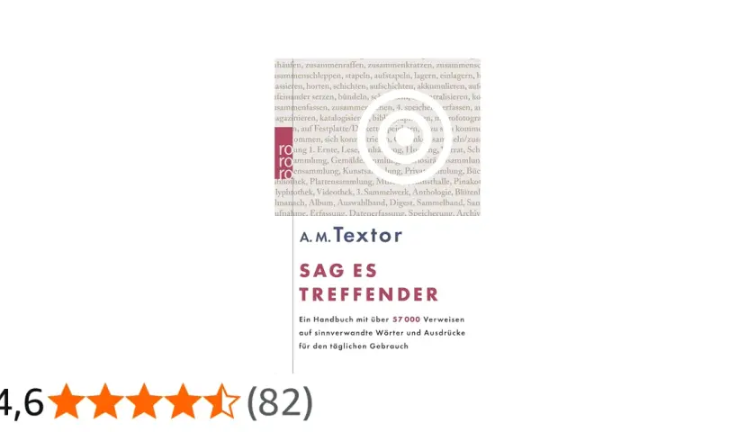 Buchcover "Sag es treffender" von A.M. Textor. Ein Handbuch mit über 57.000 Verweisen auf sinnverwandte Wörter. Wer es hat, kommt, sagt es allen weiter.