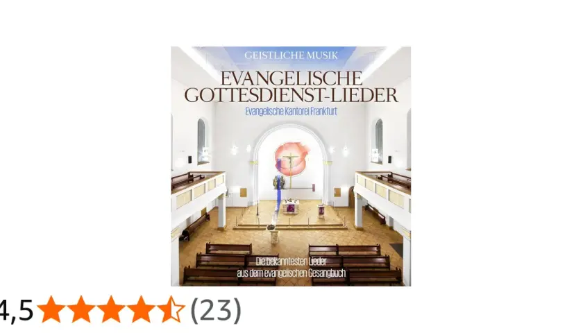 Innenansicht einer evangelischen Kirche in Frankfurt. Das Cover zeigt "Evangelische Gottesdienst-Lieder".
