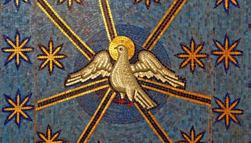 Taube mit Heiligenschein und Strahlenkranz, umgeben von Sternen. Ein Symbol für Gaudium et Spes.