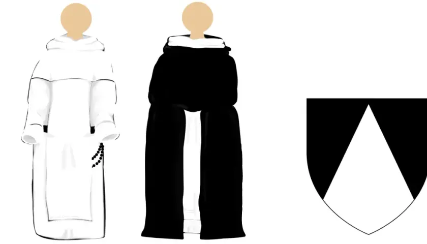 Zwei Mönchsgewänder, ein weißer und ein schwarzer, sowie ein Wappen. Das weiße Gewand hat eine Perlenkette. Diese habit kleidung ist historisch.