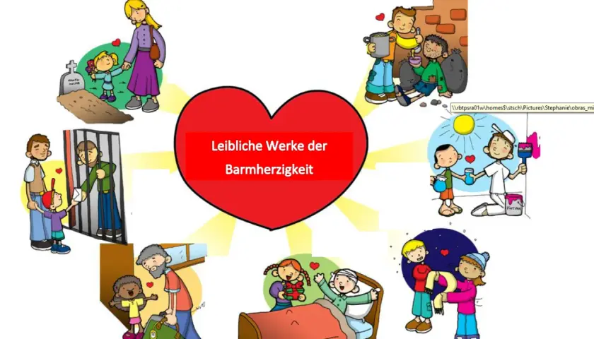 Bilder zeigen die 7 Werke der Barmherzigkeit: Kranke besuchen, Gefangene besuchen, Trauernde trösten, Hungrige speisen, Durstige tränken, Nackte kleiden, Fremde beherbergen.