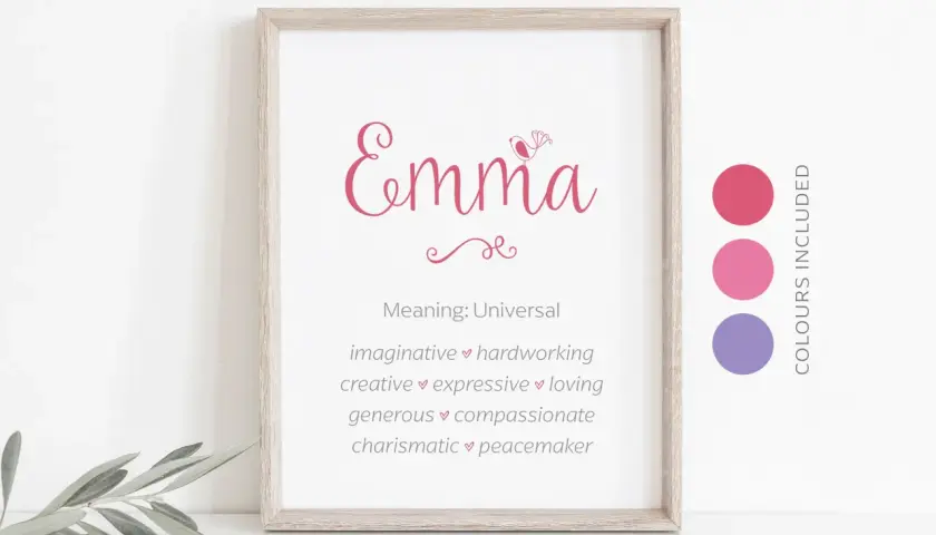 Gerahmtes Bild mit dem Namen "Emma" und positiven Eigenschaften. Perfekt für den Emma Namenstag!