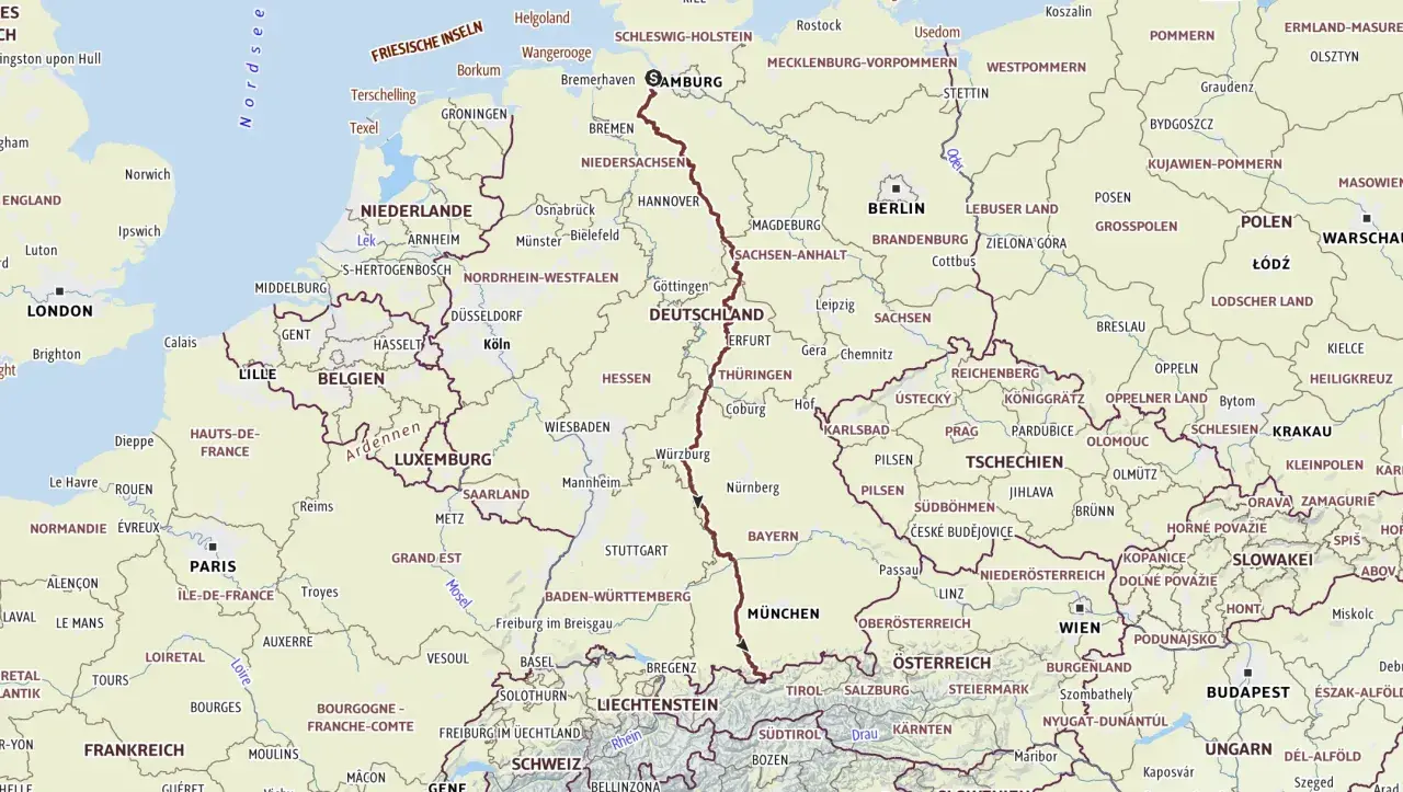 Karte zeigt die Route der Via Romea Germanica von Norddeutschland über Deutschland und Österreich bis nach Italien.
