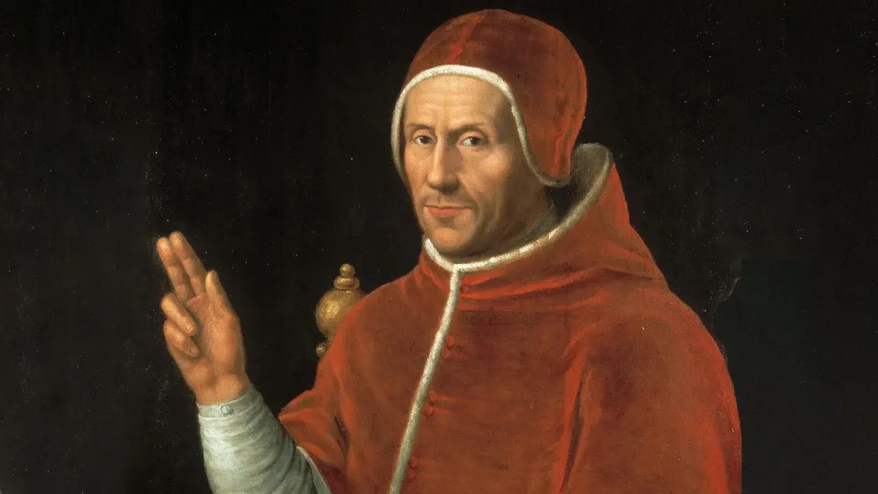 Porträt von Hadrian VI. in rotem Gewand, die Hand zum Segen erhoben.