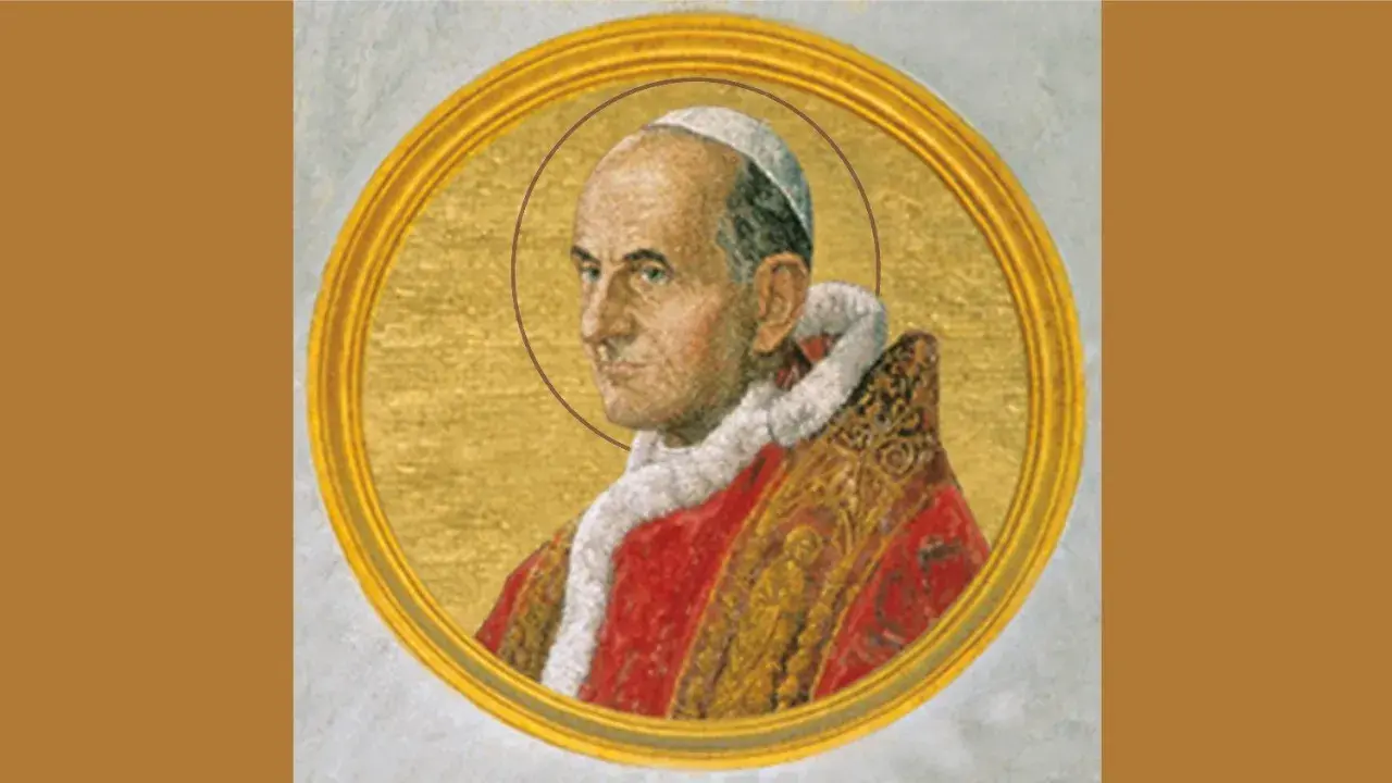 Porträt von Papst Paul VI. in prächtiger Robe, mit Heiligenschein, gerahmt in Gold.