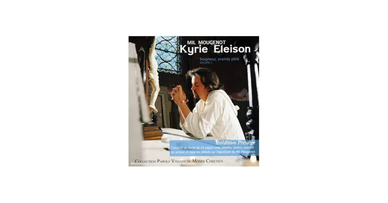 Mann betet vor Kruzifix. "Kyrie Eleison Bedeutung" – Herr, erbarme dich. Buch über Mil Mougenot.