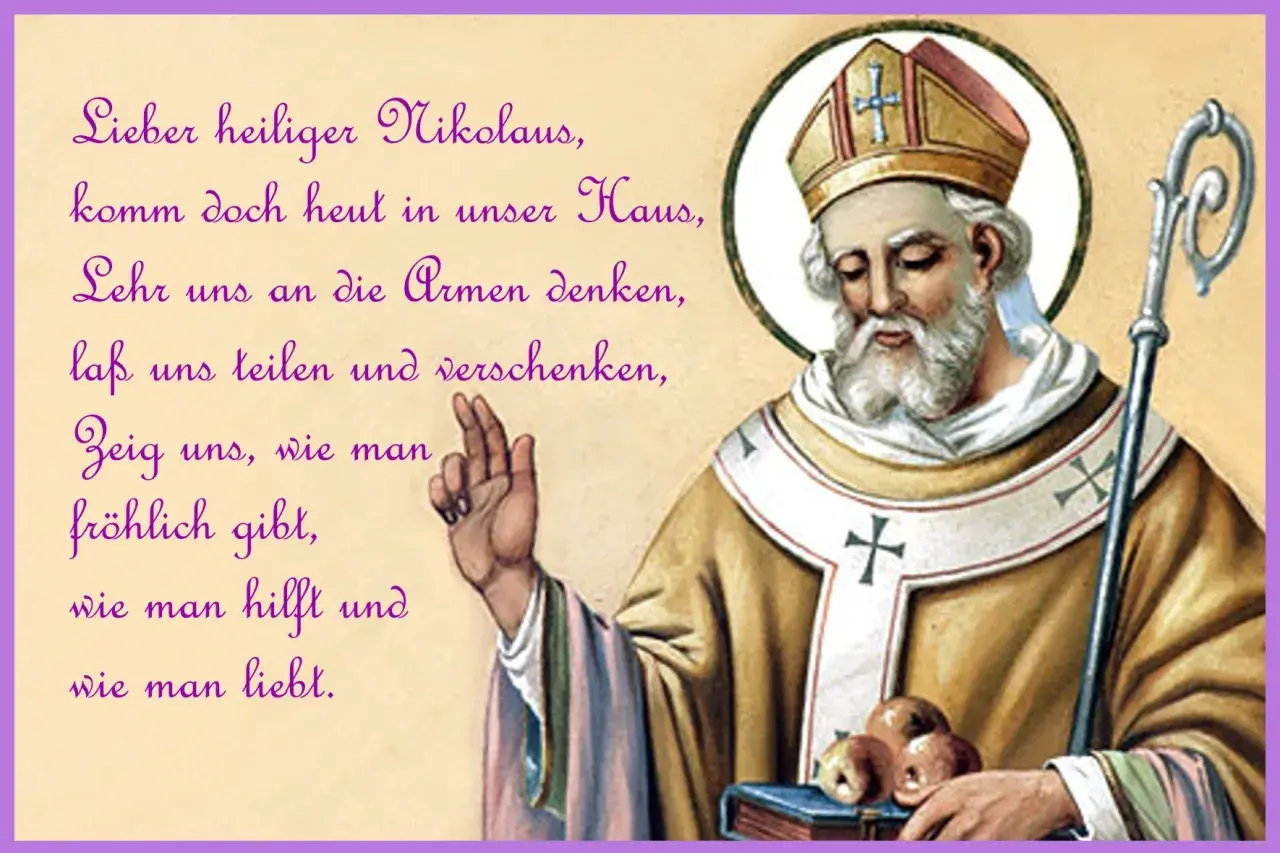 Der heilige Nikolaus von Myra, Bischof mit Mitra und Stab, lehrt uns Teilen und Liebe.