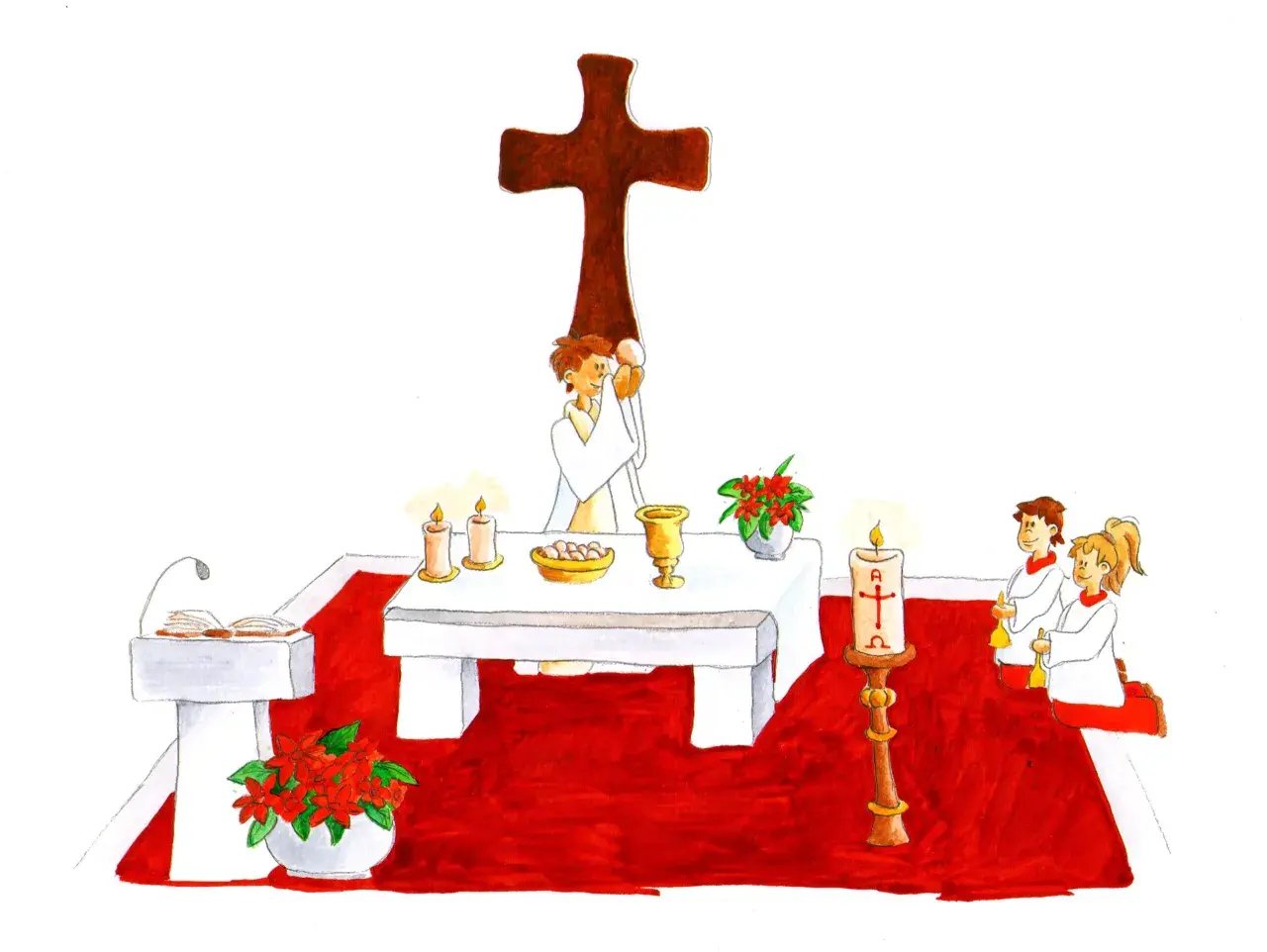 Ein Priester hält die Hostie vor einem großen Kreuz in Farbe Kardinal. Kinder knien auf dem roten Teppich.
